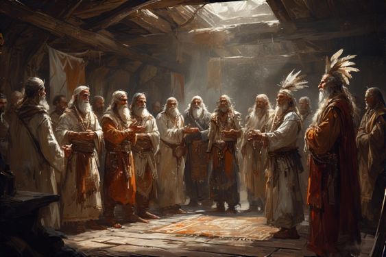 Zgromadzenie tlingoli (kapłanów). Byli oni zarówno przywódcami duchowymi, jak i autorytetami prawnymi, sędziami, wprawnymi medykami, doradcami politycznymi, strażnikami przekazywanej przez pokolenia wiedzy klanu, a nawet władcami miast.