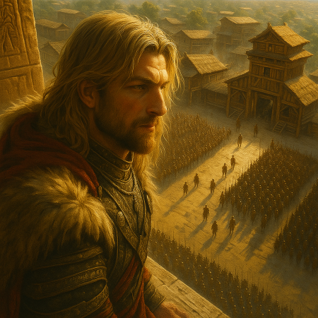 Glatlìukō Bohater obserwujący wojska na głównym placu Wionyty, tuż przed wymarszem przeciwko Bìagi.