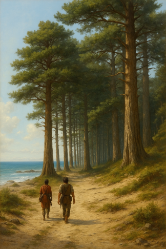 Bracia Yllu i Ȳlta podążający brzegiem Jeziora Urkō w poszukiwaniu miejsc na nowe osady.