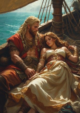 Królowa Jynnatē w objęciach Glatlìukō na jednym z jej okrętów.